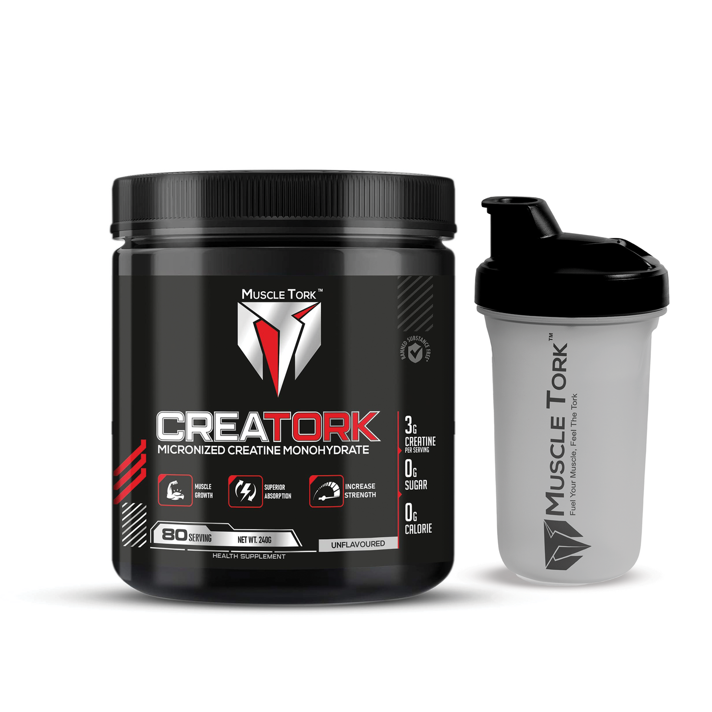 MuscleTork CreaTork Pure Micronized Creatine Monohydrate Powder, 240g, 80 Servings - Unflavoured