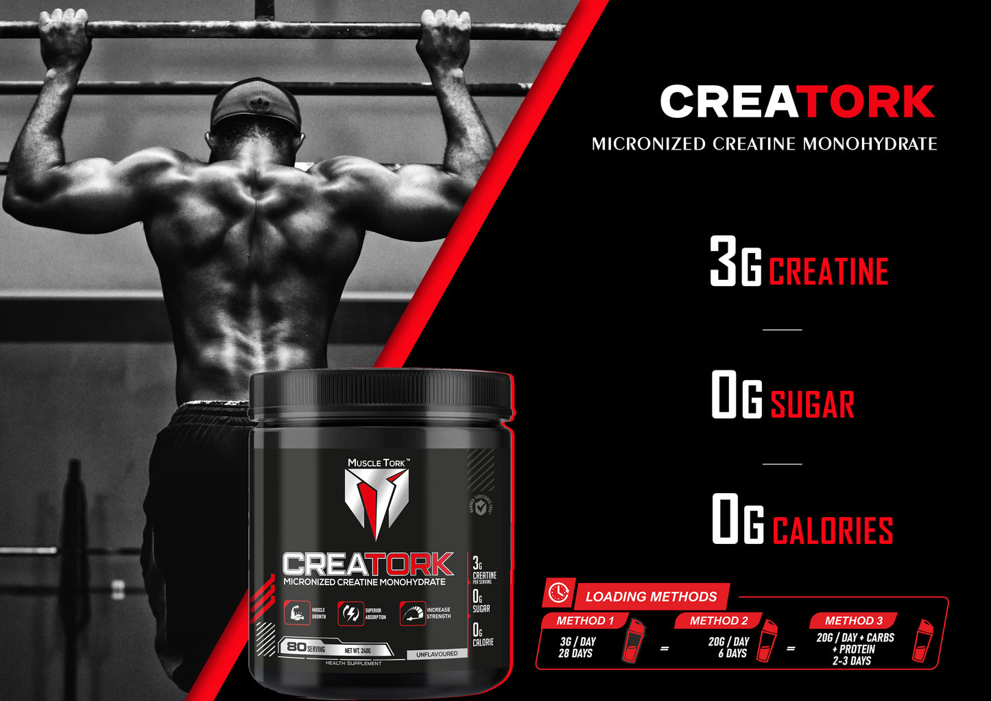 MuscleTork CreaTork Pure Micronized Creatine Monohydrate Powder, 240g, 80 Servings - Unflavoured