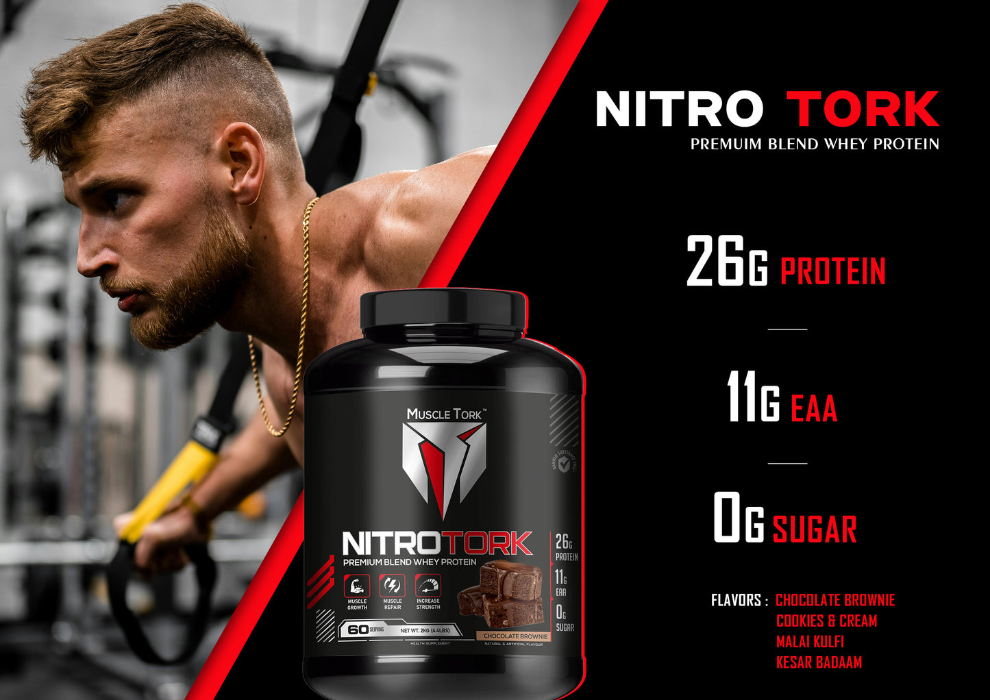 MuscleTork NitroTork Whey Protein Blend, 2 kg (4.4 lbs), 60 Servings