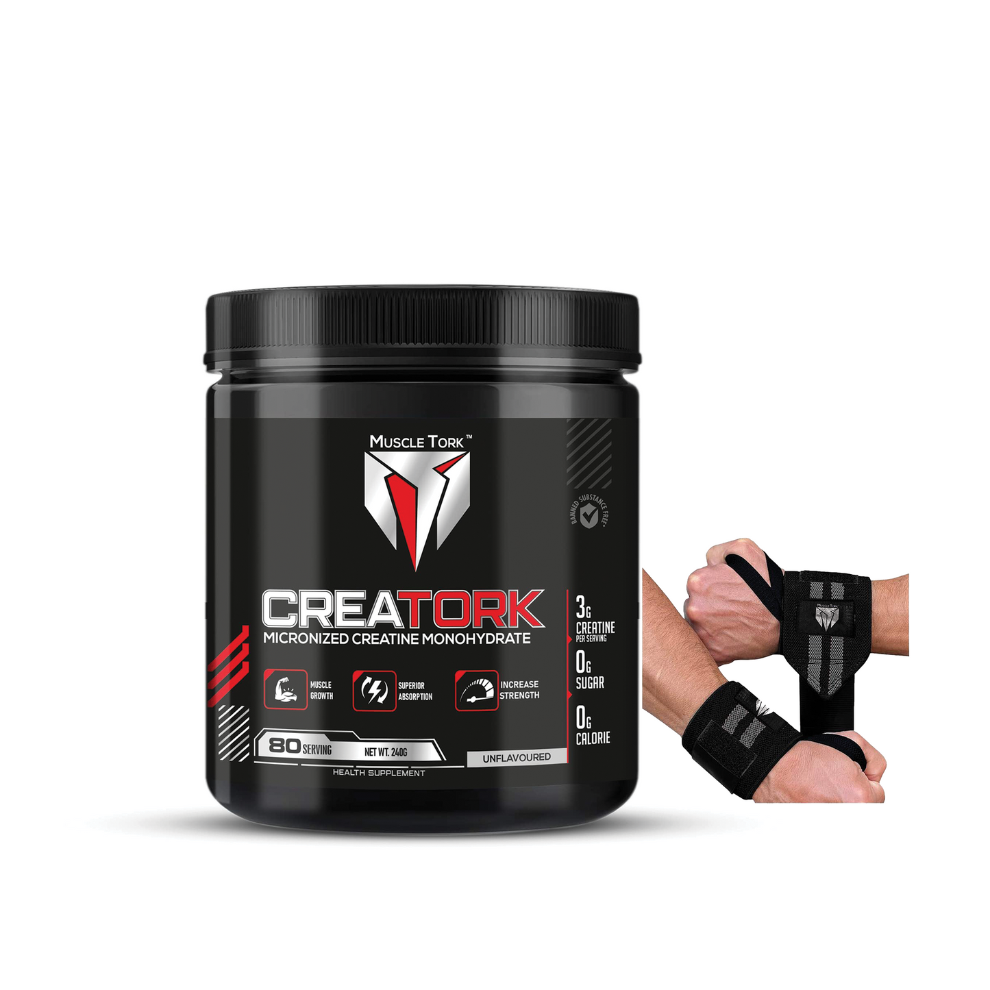 MuscleTork CreaTork Pure Micronized Creatine Monohydrate Powder, 240g, 80 Servings - Unflavoured